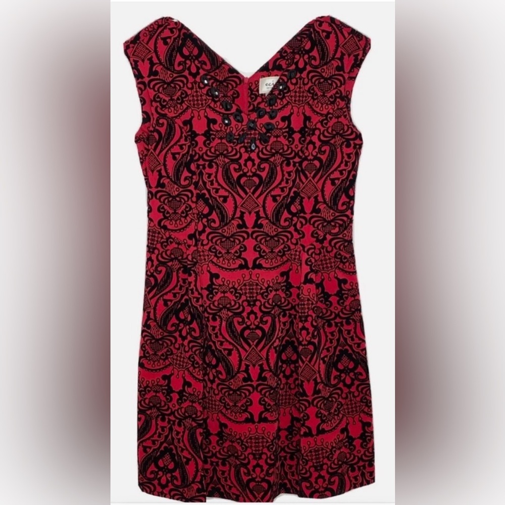 ECI NY Flare Red Velvet and Black Patterned Dress - Picture 1 of 2